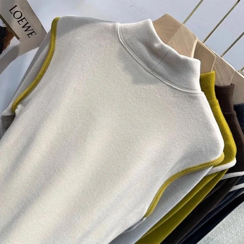 European Half Turtleneck Contrasting Color Brushed Double-sided German Velvet Bottoming Shirt for Women Winter New Slim Top