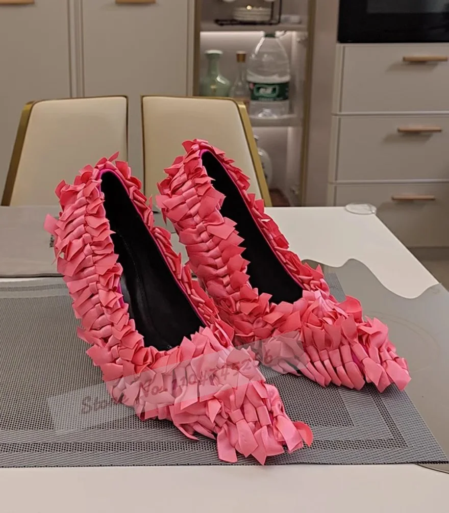 

Pink Black Satin Butterfly-Knot High Heels Fluffy Full Bowtie Knotted Sweet Wedding Shoes Stilettos Pointed Toe Slip-On Footwear