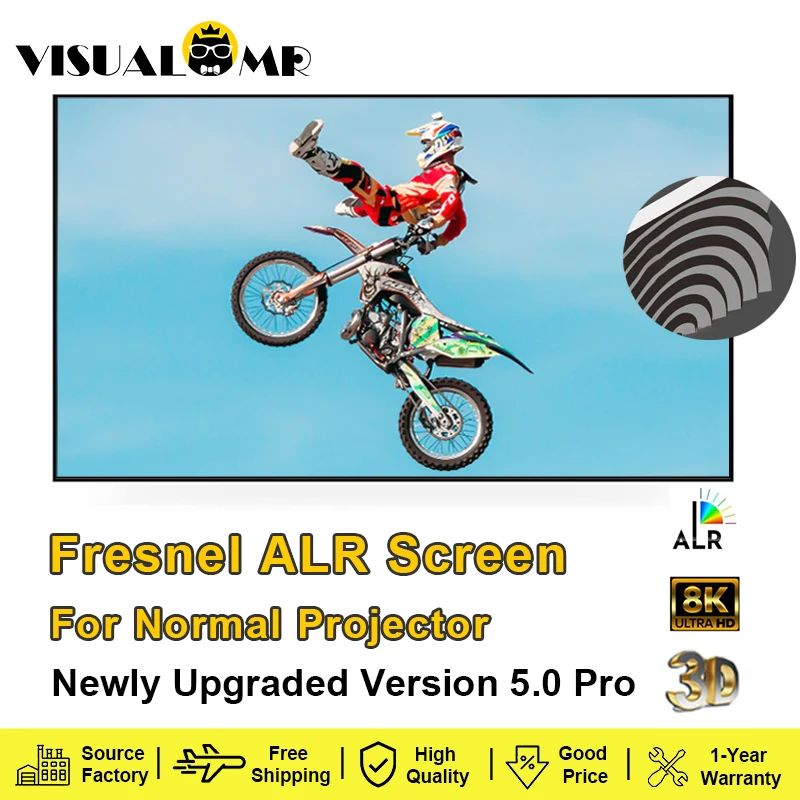 

2024 Верхний проекционный экран Fresnel 5.0 Pro ALR с фиксированной рамкой, отклоняющий окружающий свет, лучше всего подходит для нормального проектора CLR 4K HD, рамка 1 см