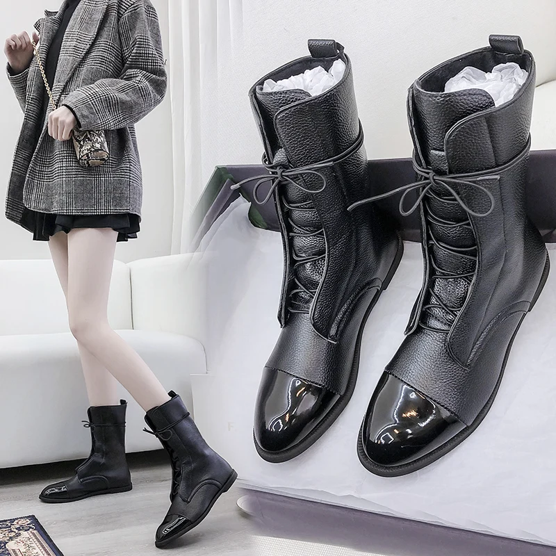 New Mid Calf Boots Women Autumn Winter Fashion Lace-up Ladies Chelsea Zipper Botas Mujer Boots Sports Flat Heel Ladies Shoes