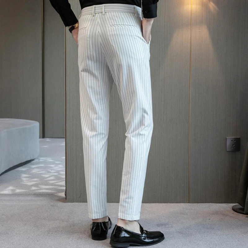 Cooling Men\'s Summer Pants Ice Silk Social Tailoring Business Striped Male Suit Trousers Up Designer Clothes High Quality Formal