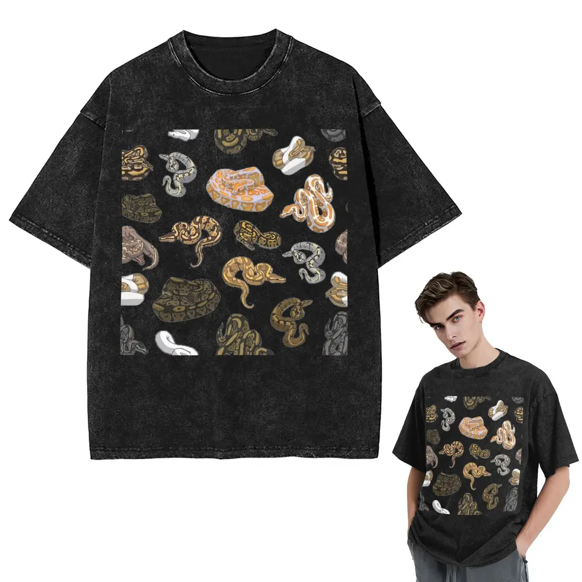 

Streetwear T-Shirts Ball Python Morph Snake Pattern Washed T Shirt Short Sleeve Hip Hop T-Shirt Tops Tees for Men Women