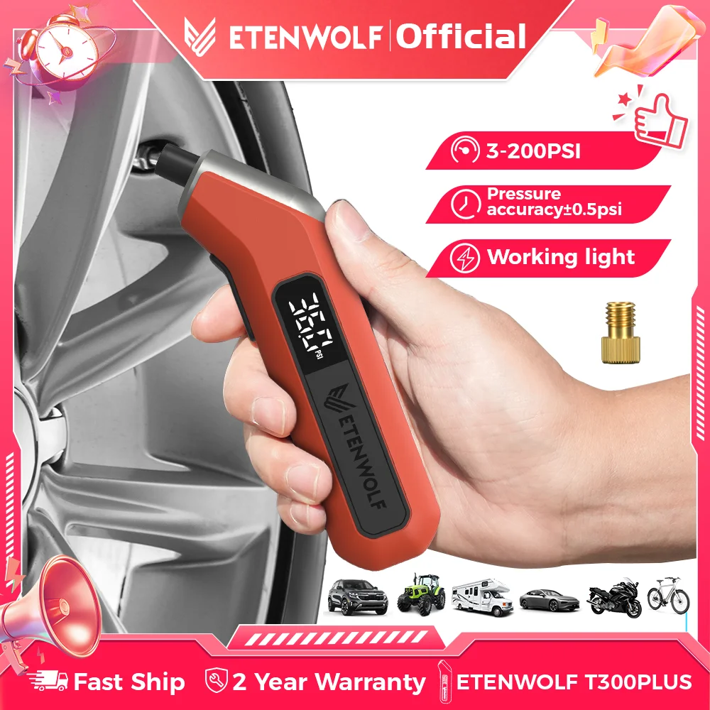 Medidor de Pressão de Pneus ETENWOLF T300 Plus 200 PSI com Display LED Brilhante e Adaptador de Válvula Presta