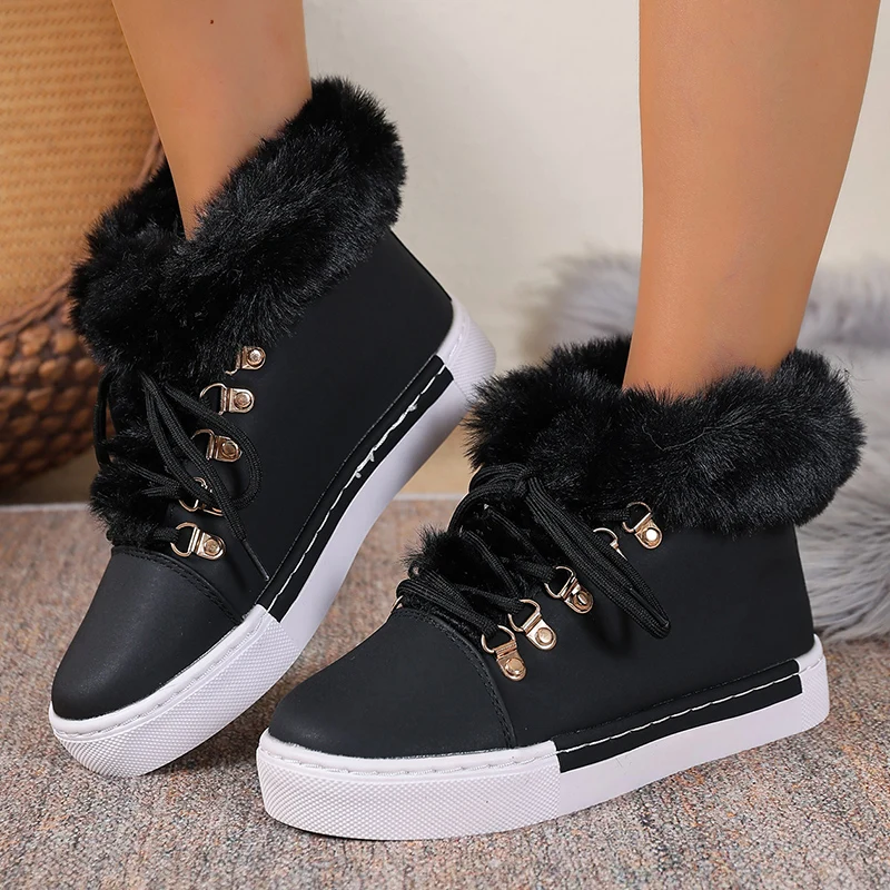 

Women's Winter Warm Black Fluffy Boots Lace Up Soft Sole Platform Ankle Botas Mujer Non Slip Thick Plush Snow Boots Plus Size 43