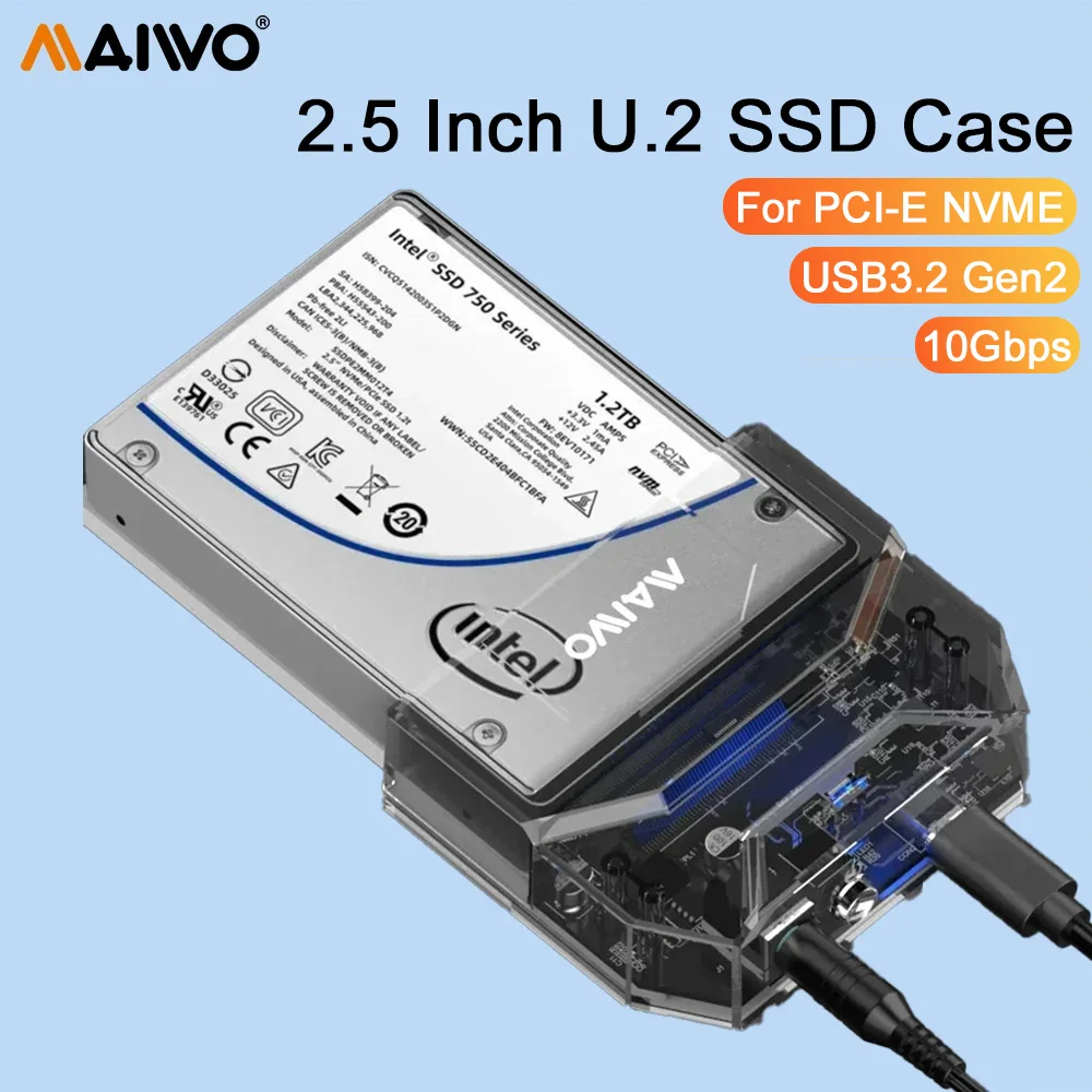 MAIWO U.2 SSD Case 2.5 inch U.2 PCI-E NVME SSD Enclosure 10Gbps USB 3.2 Gen2 Type-C U.2 Hard Drive Adapter Box Tool-free for PC