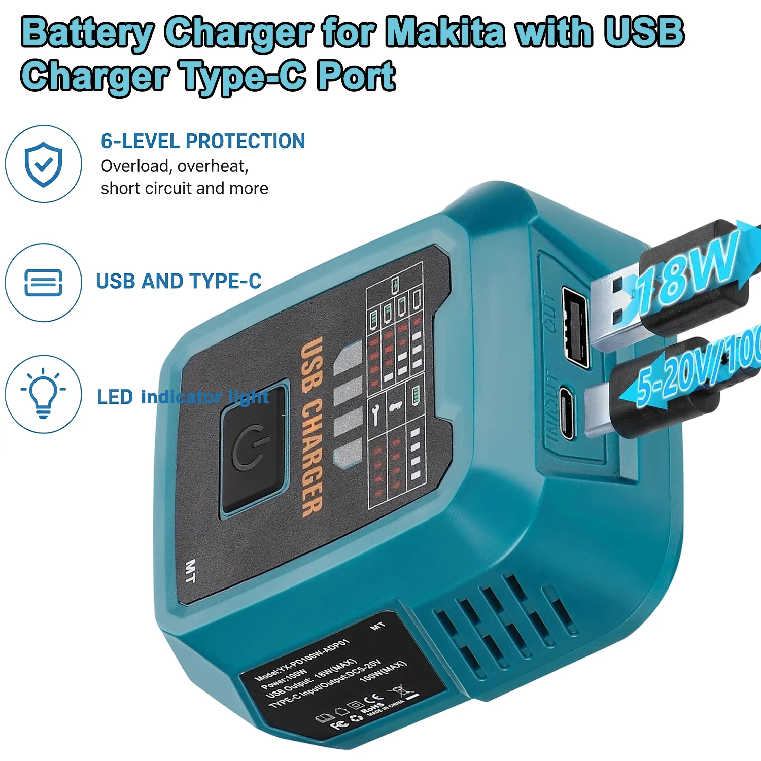 100W Fast Charging Station for Makita/Dewalt/Milwuakee/Bosch/Ryobi Portable Power Inverter with USB Type-C Port Charging