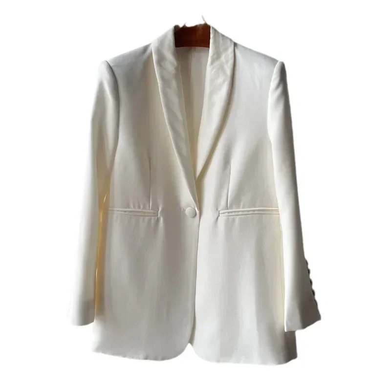 LUXURY-Women\'s Classic Silk Wool Blend Blazer, One Button Top, Basic White, Autumn, Winter, New, 2024