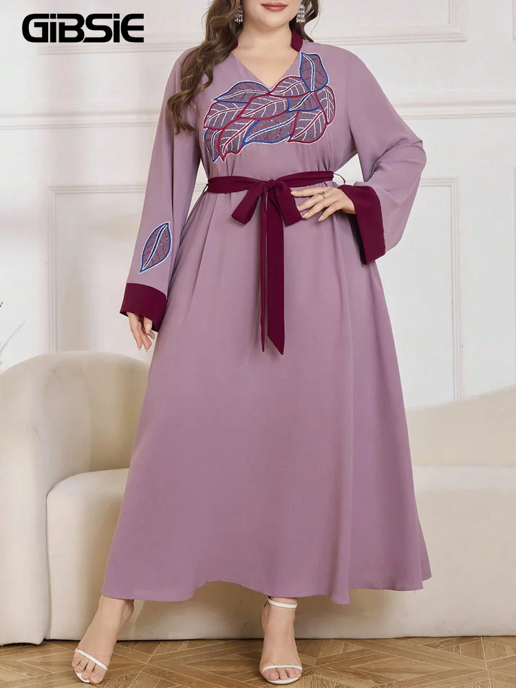GIBSIE Plus Size Vintage Embroidery Long Sleeve Belted Dress Women Spring Autumn V-Neck High Waist A-line Casual Long Dresses