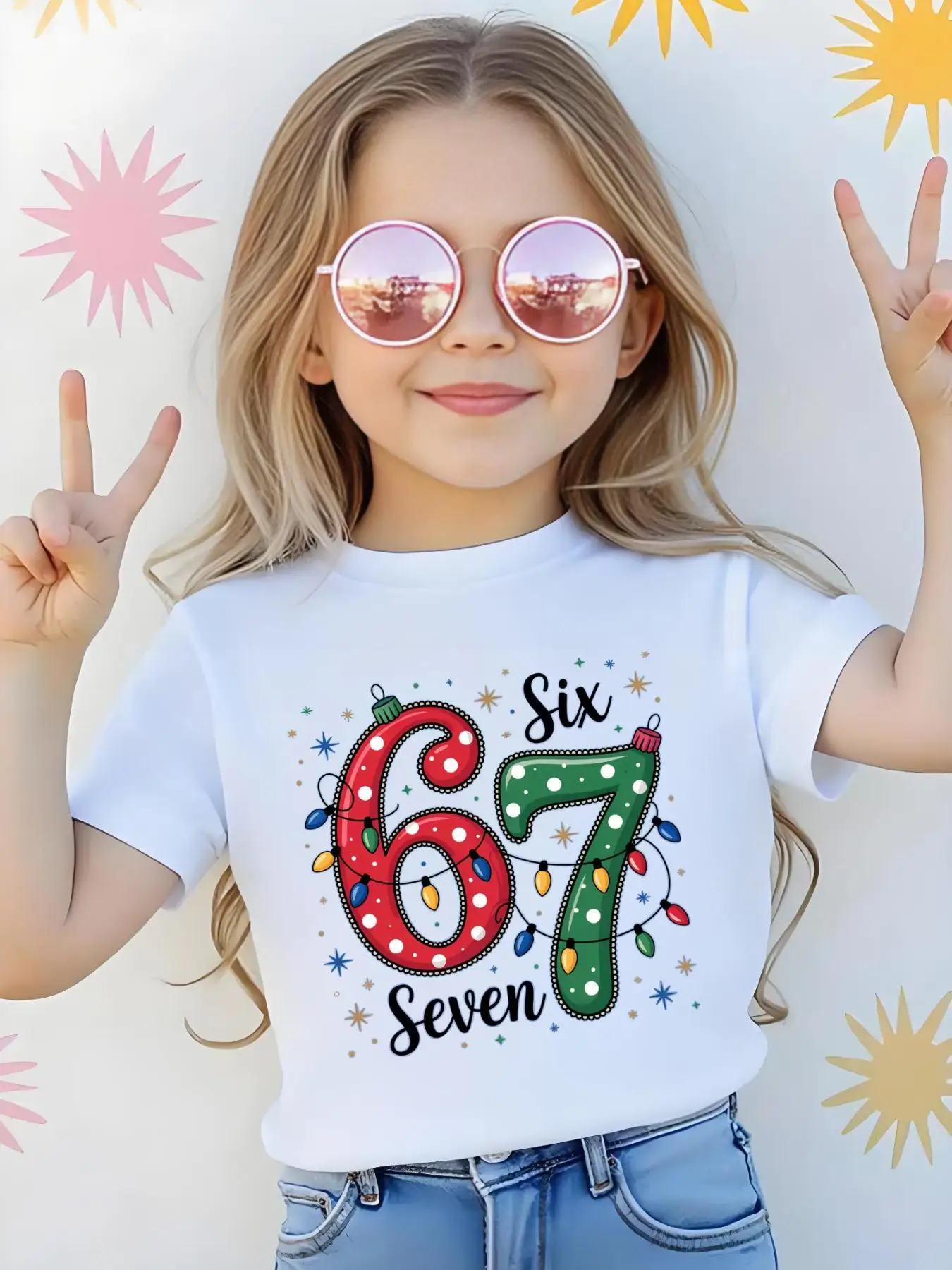 Alphanumeric 67” Pattern Print 1-Piece Casual Sports Short-Sleeve T-Shirt for Girls in Red and Green with Printed Christmas Elements, 2026 New Versatile Clothing for Home and Outdoor Wear
