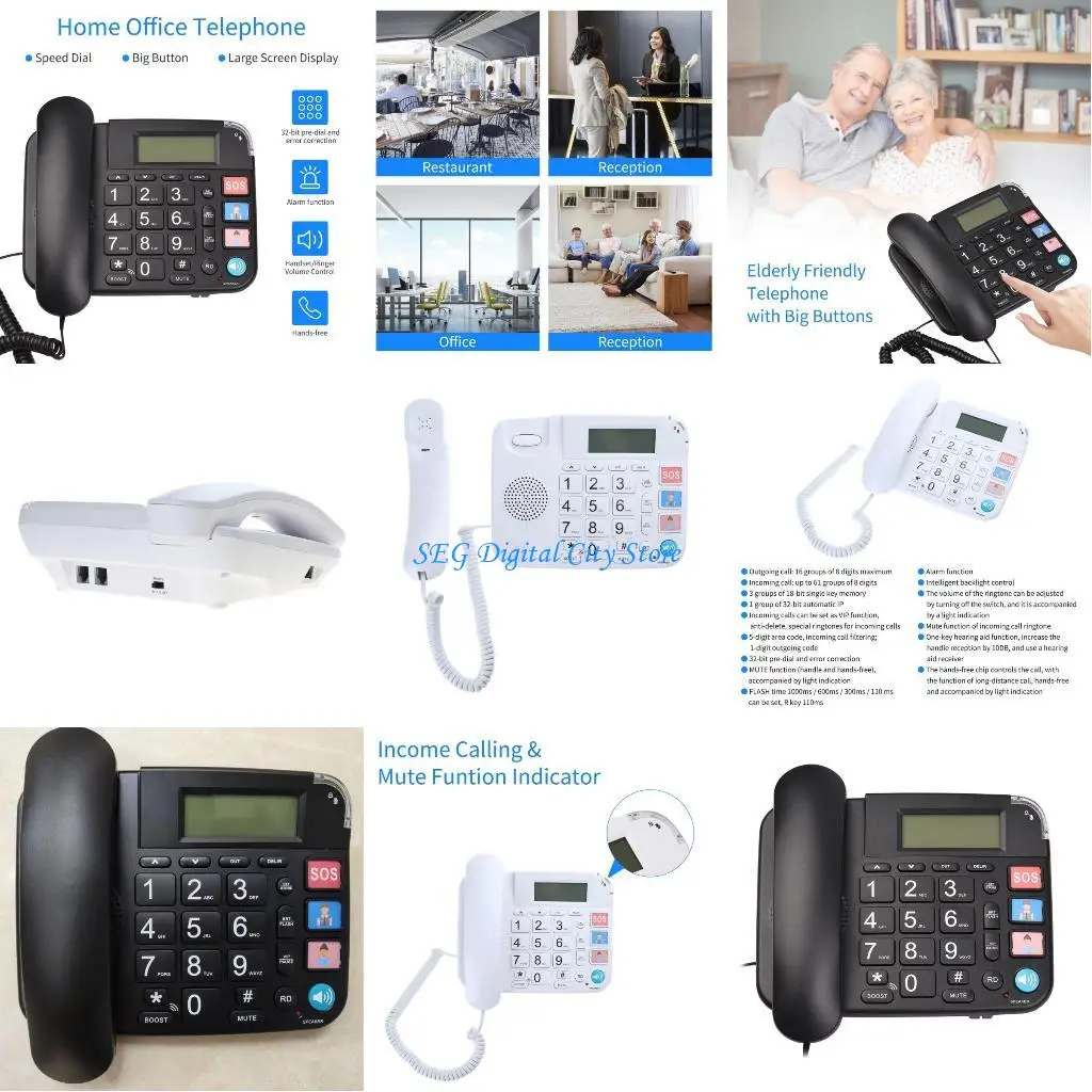 U75B Corded Phone Big Button Desk Landline Telephone Support Hands-Free CallerID SOS
