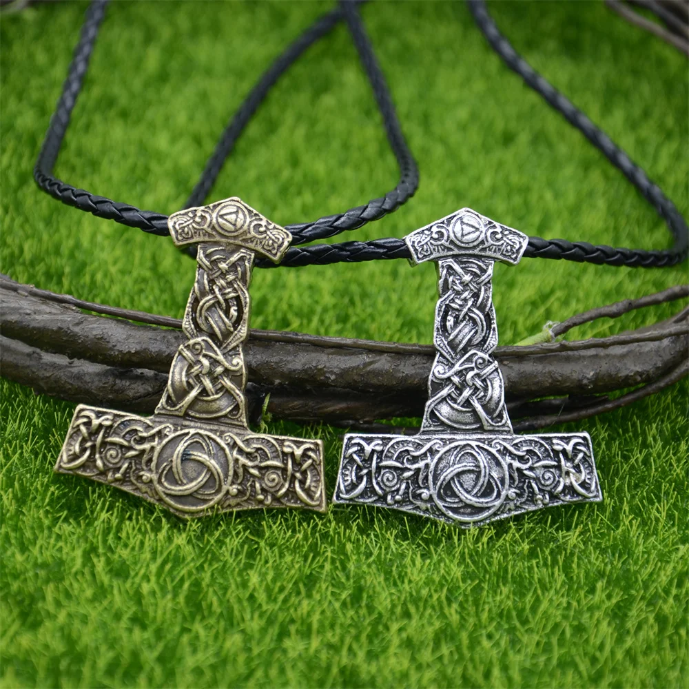 Gothic Thor Hammer Mjolnir Pendant Viking Necklace Men Women Irish Trinity Knots Talisman Jewelry