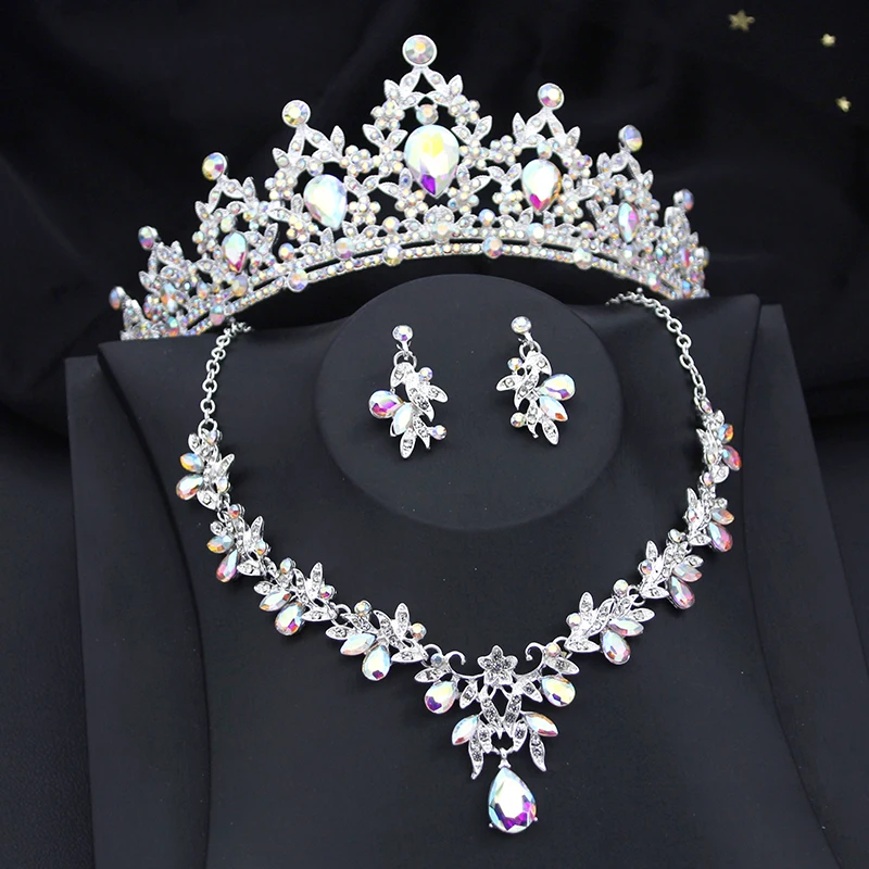 Princess Pink Crown Jewelry Sets for Women Tiaras and Necklace Earrings Party Prom Wedding Jewelry Set Birthday Accessory