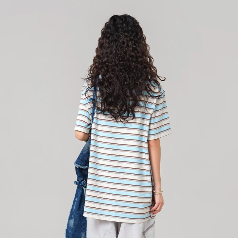 MOVEUP Short Sleeved Round Neck T-Shirt 2026 Summer New Contrast Striped Starfish Hand Hook Piece Casual Top For Women 3ELX10545