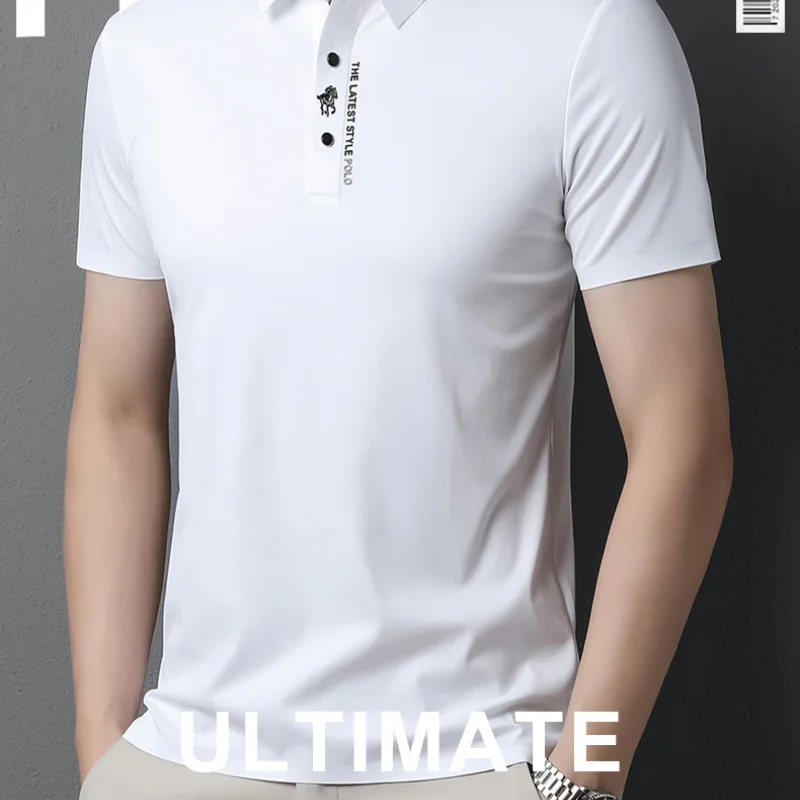 2024 High-End Solid Color High Quality Short Sleeve Polo Shirt Lapel Collar New Men Fashion Casual No Trace Printing