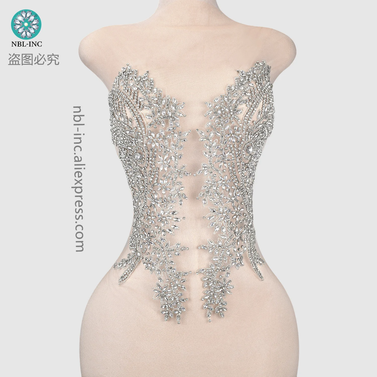 (1PC) Silver pink luxury crystal glass rhinestone applique bodice patch sew on prom evening dress WDD1393