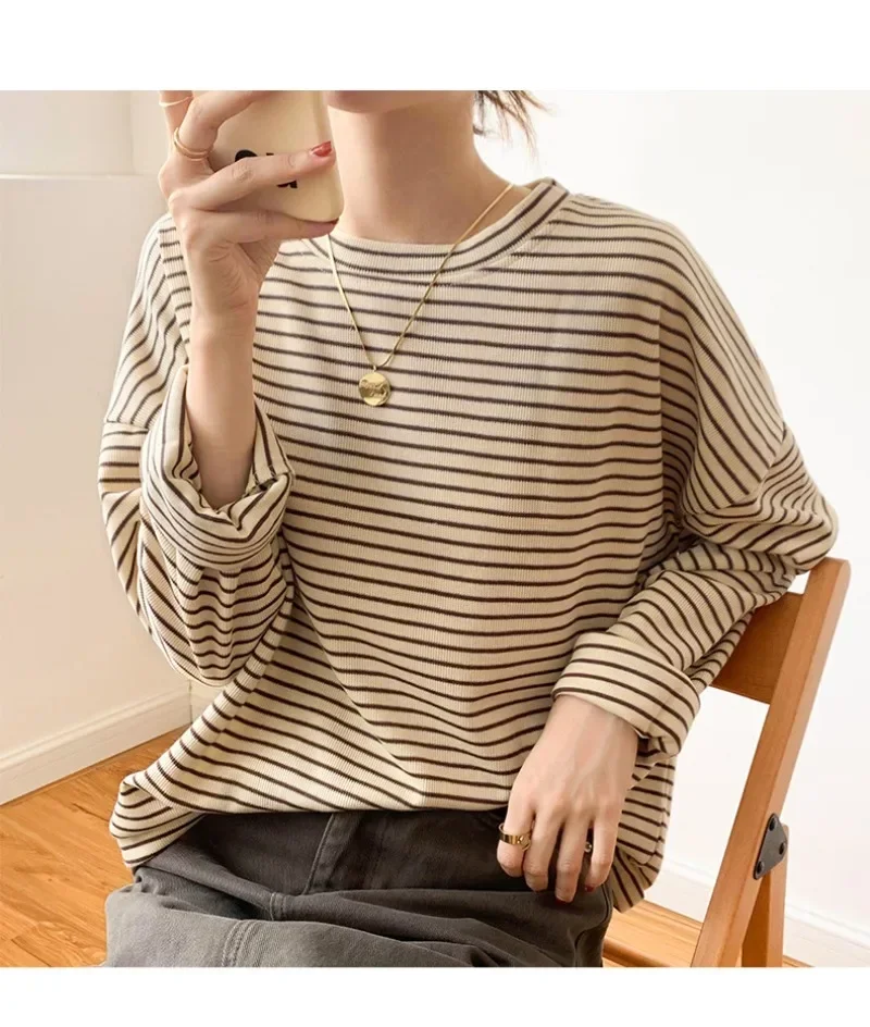 

Spring Autumn Round Neck Striped Simple Sweatshirt Ladies Long Sleeve Loose Casual Fashion Top Korean Women Pullover Female Tops