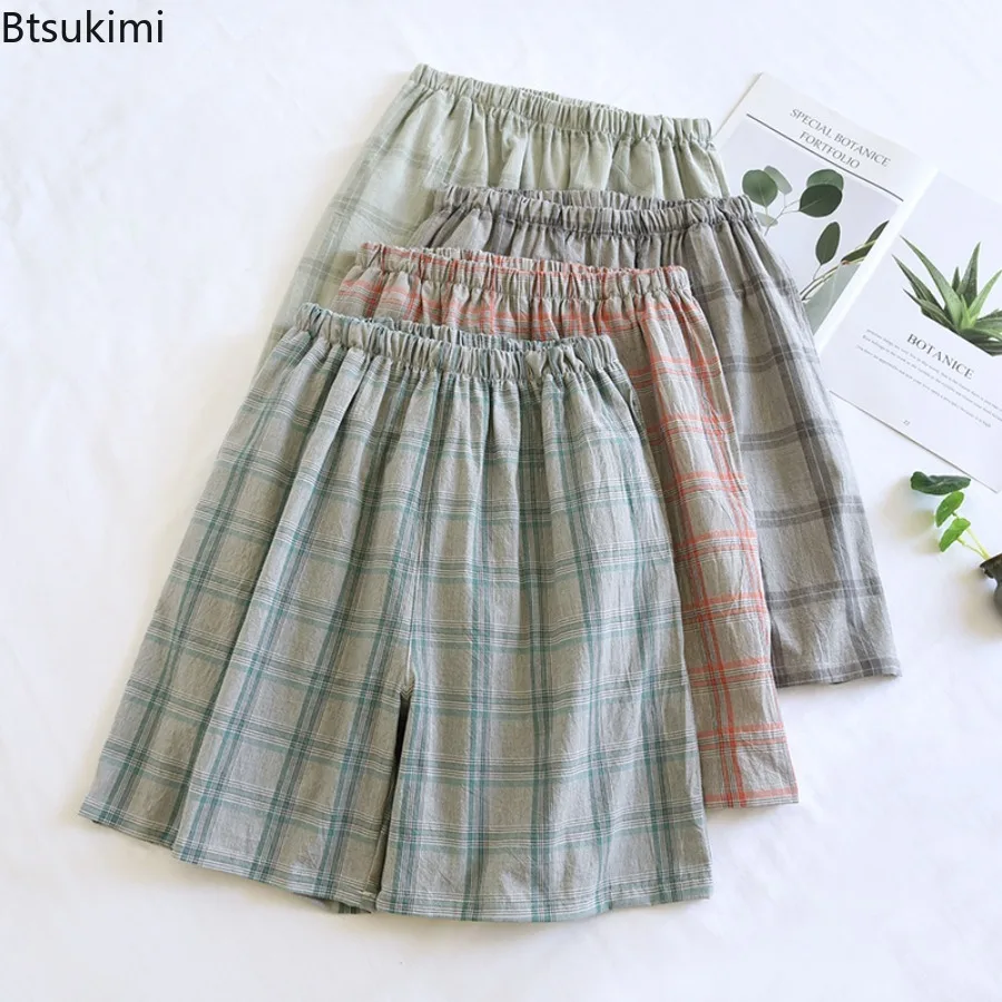Summer Thin Pure Cotton Beach Pants Men's Loose Casual Middle Sleeping Pants Home Solid Color Plaid Shorts Quick Drying Shorts