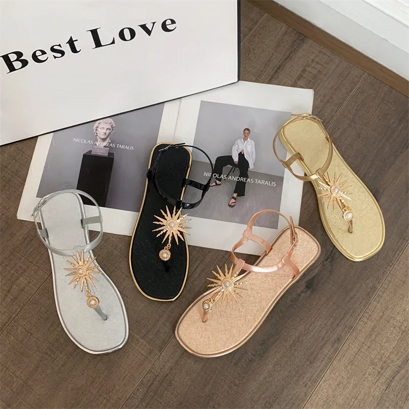 Summer Women Sunflower Buckle Sandals Lady Solid Color Round-Toe Flip-Flops Adult Non-Slip Toe-Post Beach Shoe Roman Casual Shoe