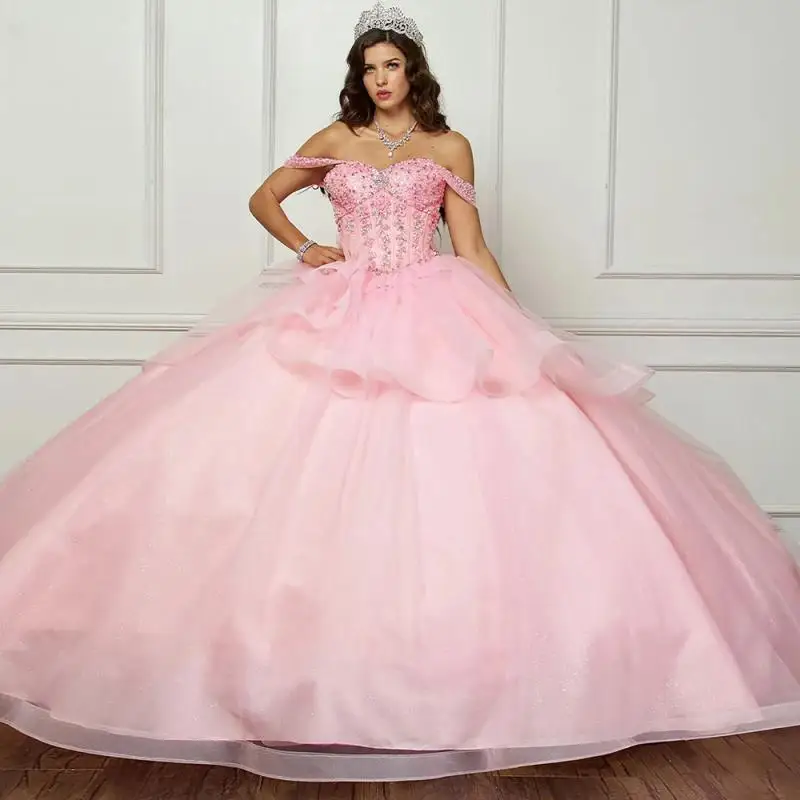 Personalizado rosa princesa cristais em camadas arco 15 quinceanera vestido de baile fora do ombro applique tribunal trem vestido de graduado