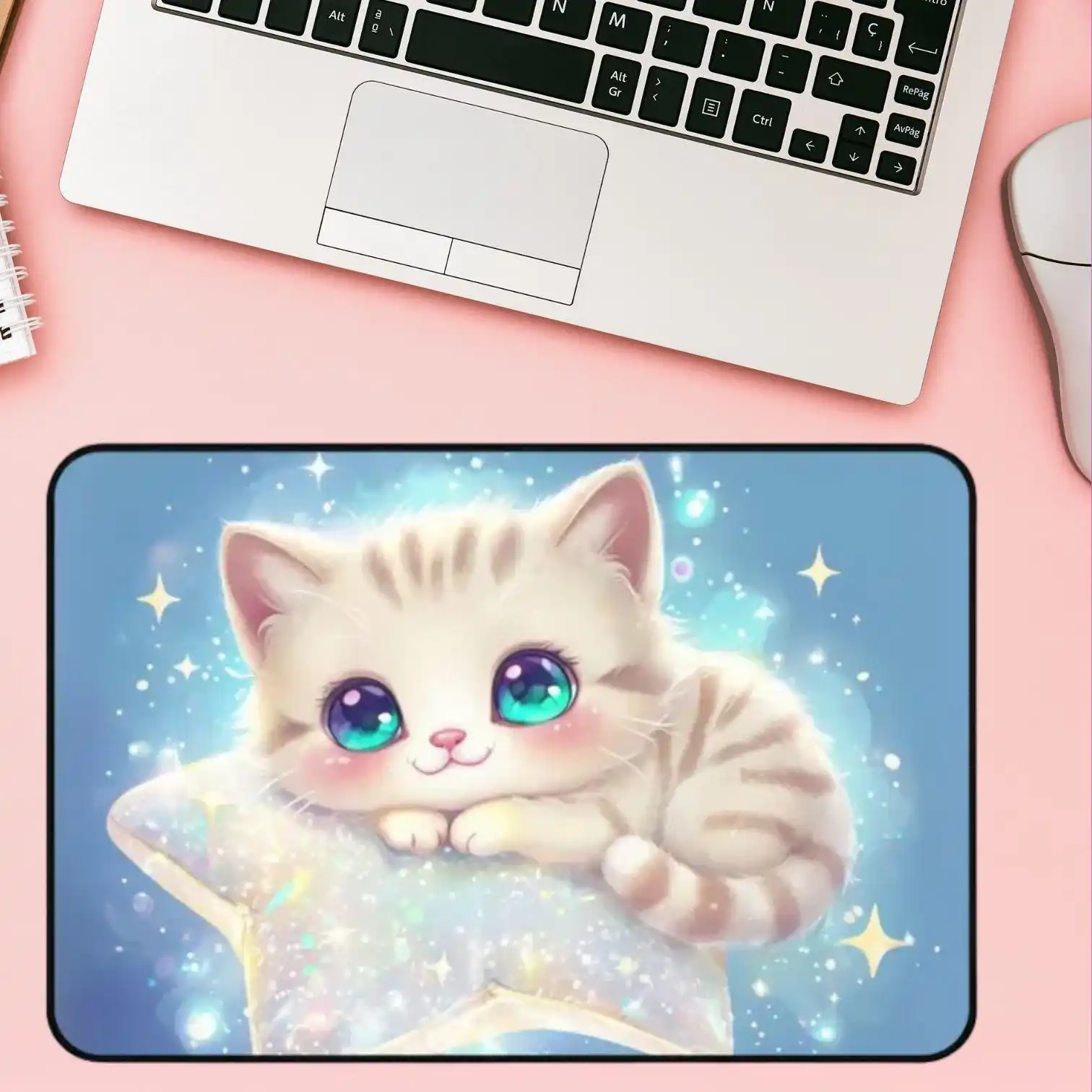 Pastel Cat Mouse Pads on A Sparkling Star, Cute Blue Fun Office Decoration, Perfect Gift for Friends, Beautiful Desk Mats XXL