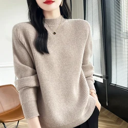 Autumn And Winter New Women's Sweater 100% Merino Wool Women O-Neck Solid Pullover Soft Warm Loose Large Size Knitted Pullovers