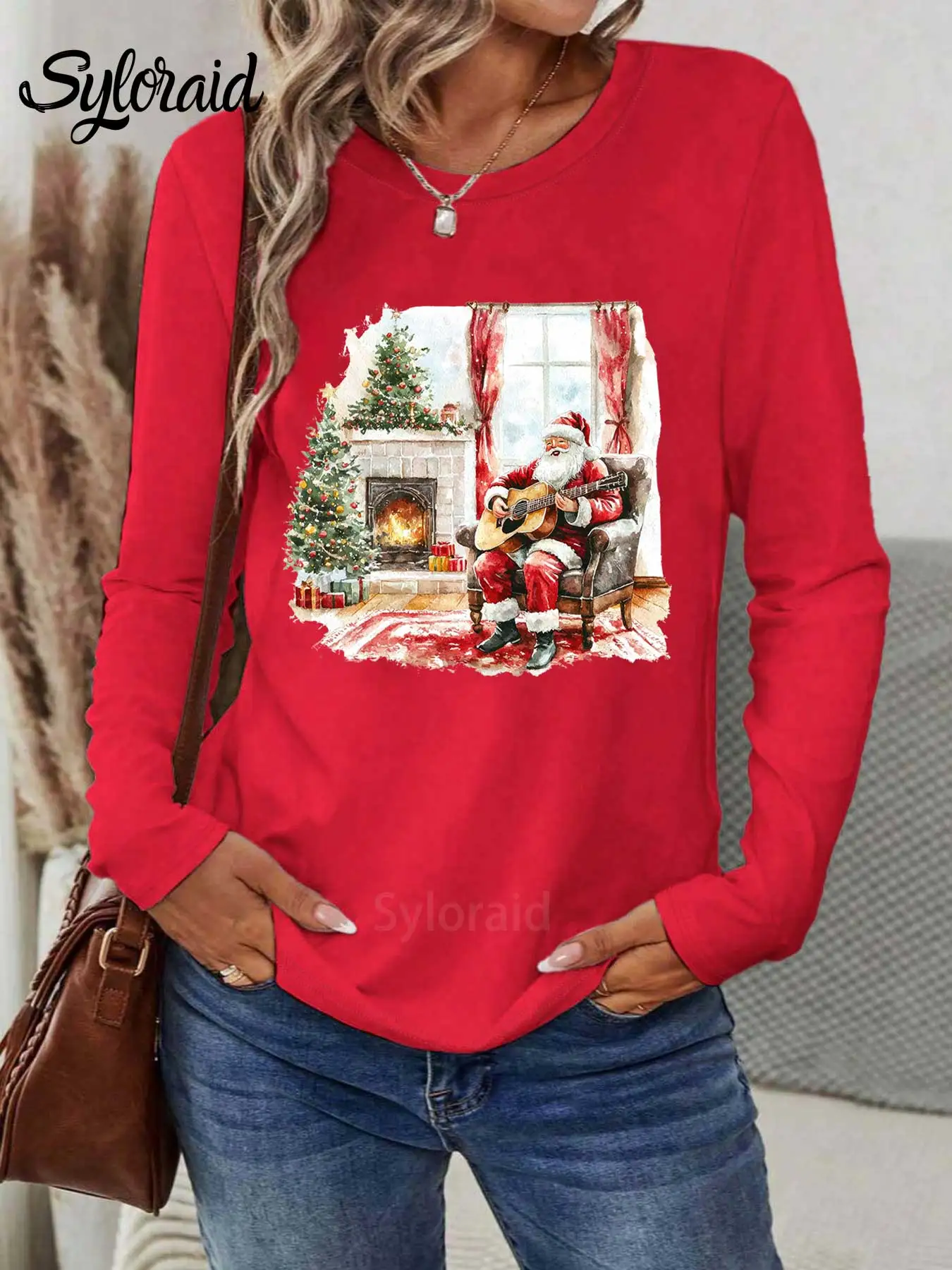 تي شيرت نسائي طويل الأكمام لعيد الميلاد سانتا كلوز يلعب الجيتار جرافيك تي شيرت عصري برقبة دائرية كاجوال #3
