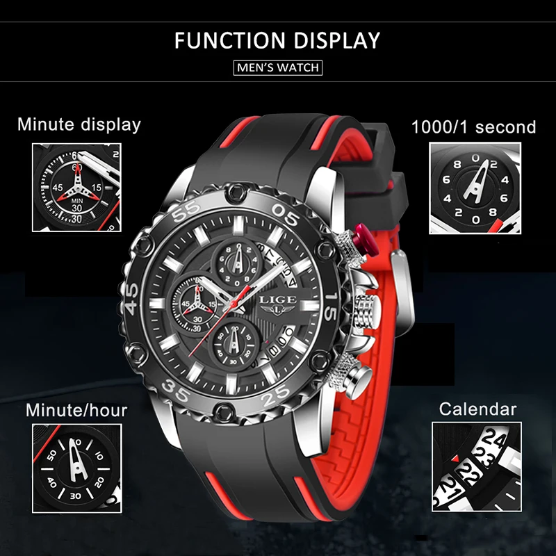 LIGE-Relógio de quartzo luminoso impermeável masculino, Sport Army Watches, Cronógrafo, Relógio de pulso militar, Relógio, Homem