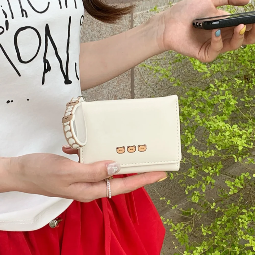 Sweet Pink Color Short Wallet With Hand Strap Cartoon Bear Coin Purse Solid Color Card Bag Women