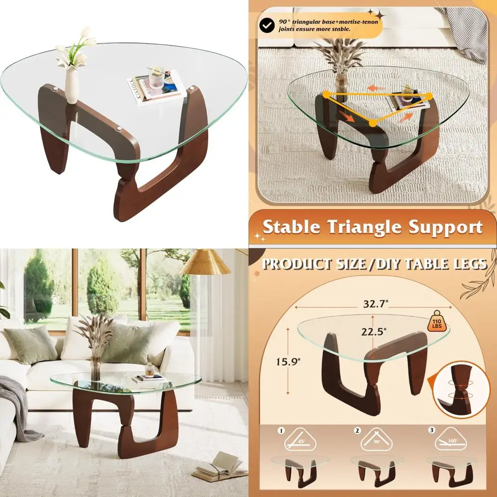 

Mid-Century Modern Triangle Glass Coffee Table with Solid Wood Legs, Small Living Room Furniture, Contemporary Centerpiece for H