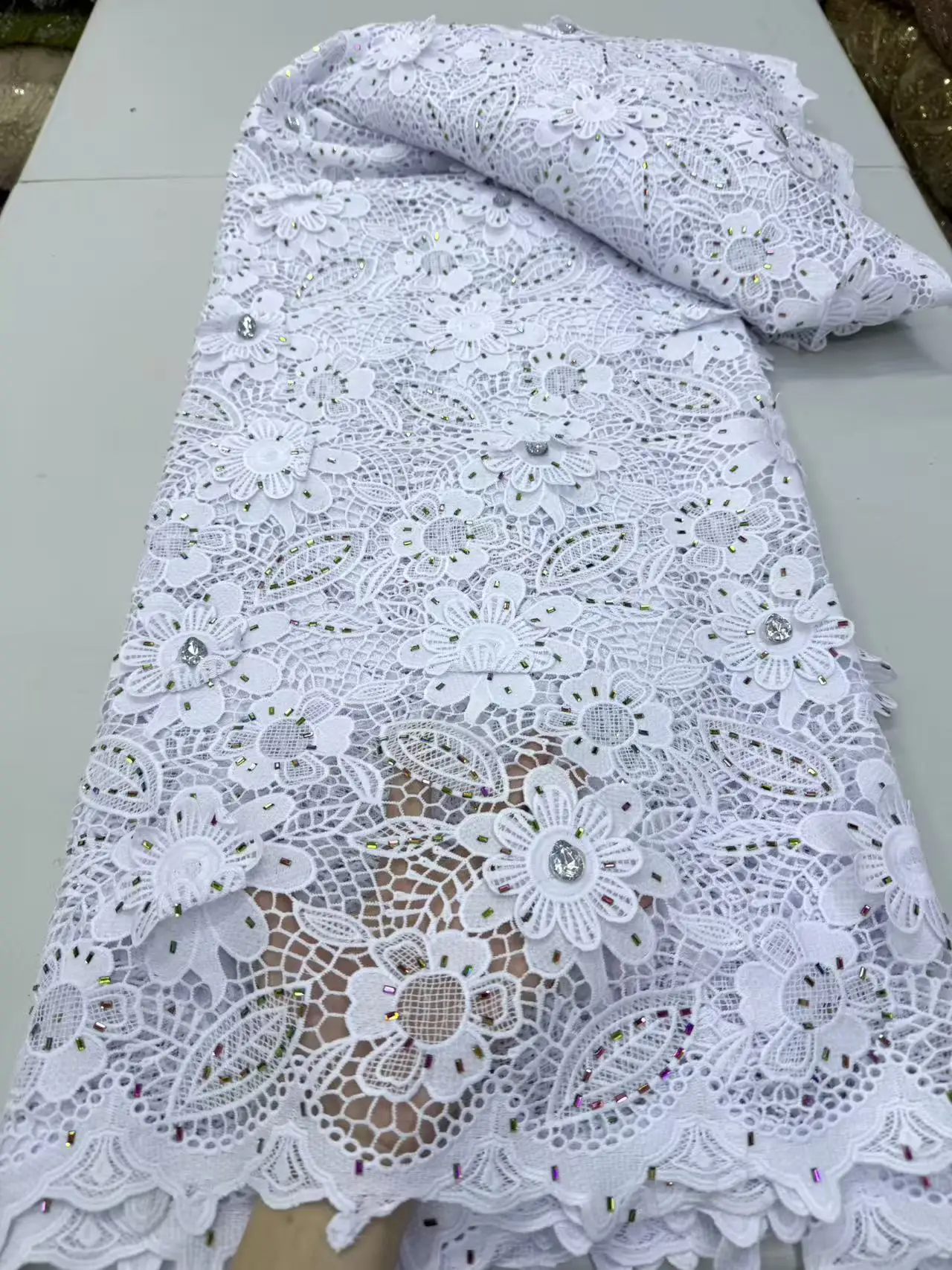 

African Milk Silk Cord Stones Lace Fabric 2026 High Quality 5 Yards Nigerian French Mesh Chemical Lace For Wedding Dress Sewing