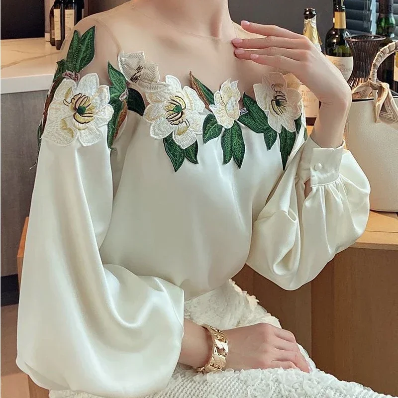 Fashion Vintage Embroidered Women Blouse 2024 Autumn Long Sleeve Mesh Patchwork Satin Shirt Office Lady O-neck Elegant Tops