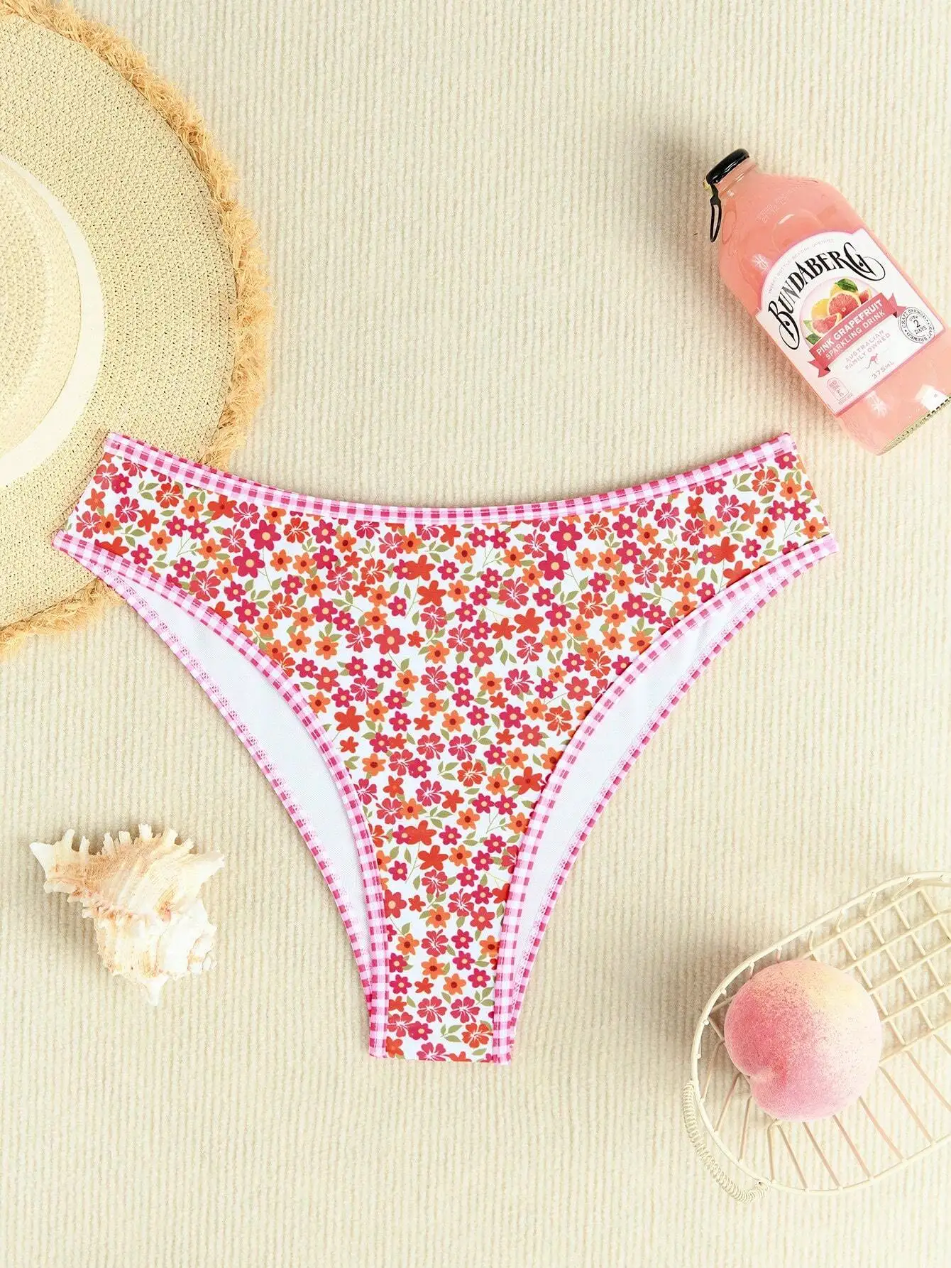 

Women's Floral Print Gingham Trim Sexy Bikini Set With Circular Ring Detail