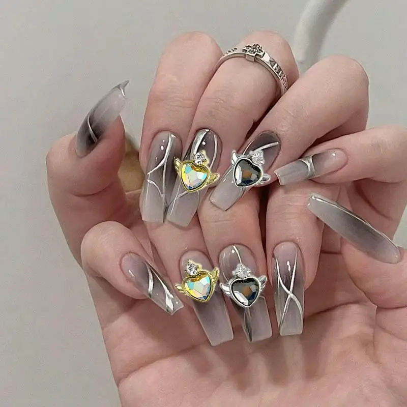 Luz de luxo liga coração e anjo strass, encantos das unhas, flatback vidro espumante, diamante Nail Art decoração, unhas DIY, 10pcs