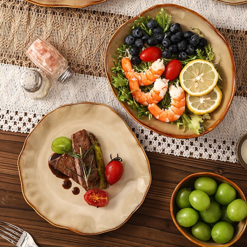 Kiln Changes Ceramic Plate Salad Plate Dessert Snack Plate Pasta Dish Steak Plates Serving Plates Molecular Cuisine Tableware