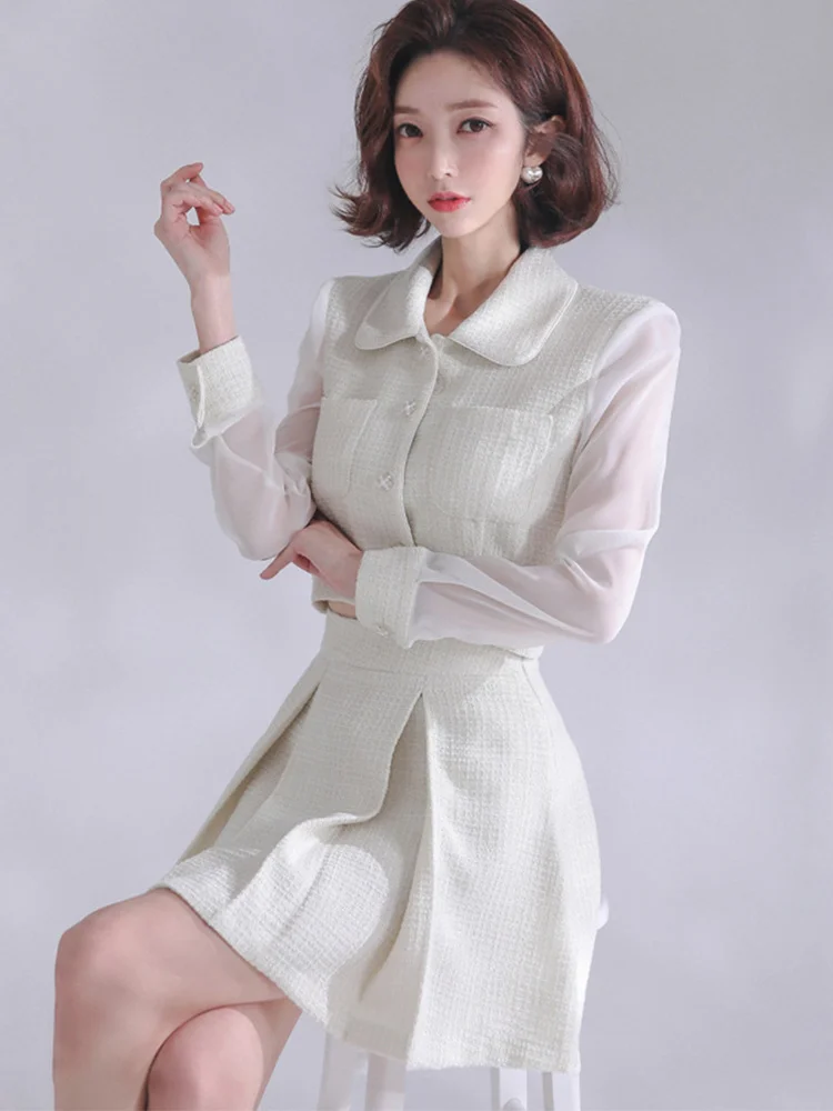 Spring Autumn Tweed 2 Piece Outfits Suits Women Sexy Short Cropped Tops Coat Blazer Suit Pleated High Waist Mini Skirt Mujer Set