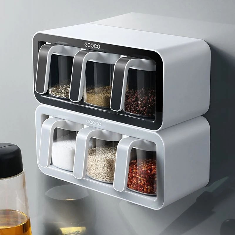 Spice Jars Set Three Compartment 390ml Wall Holding With Spoon Seasoning Jar Storage Containers Salt Sugar Pepper Spices Box