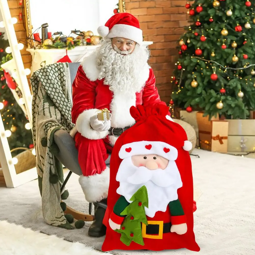 Santa Gift Bag Large Capacity Drawstring Christmas Bag for Candies Gifts Reusable 3D Design Fabric Gift Bag for Xmas Party Suppl