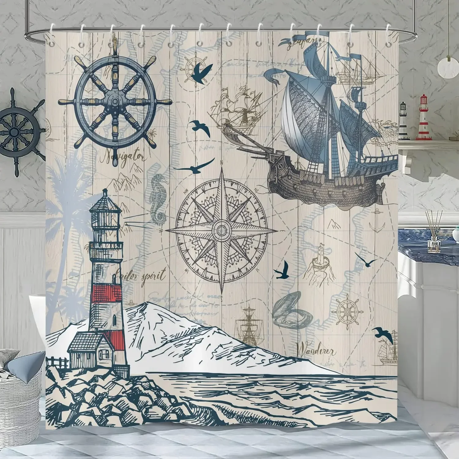 Nautical Sailboat Shower Curtain Compass Ocean Theme Printed Shower Curtains for Bathroom Waterproof Fabric Bathtub Screen