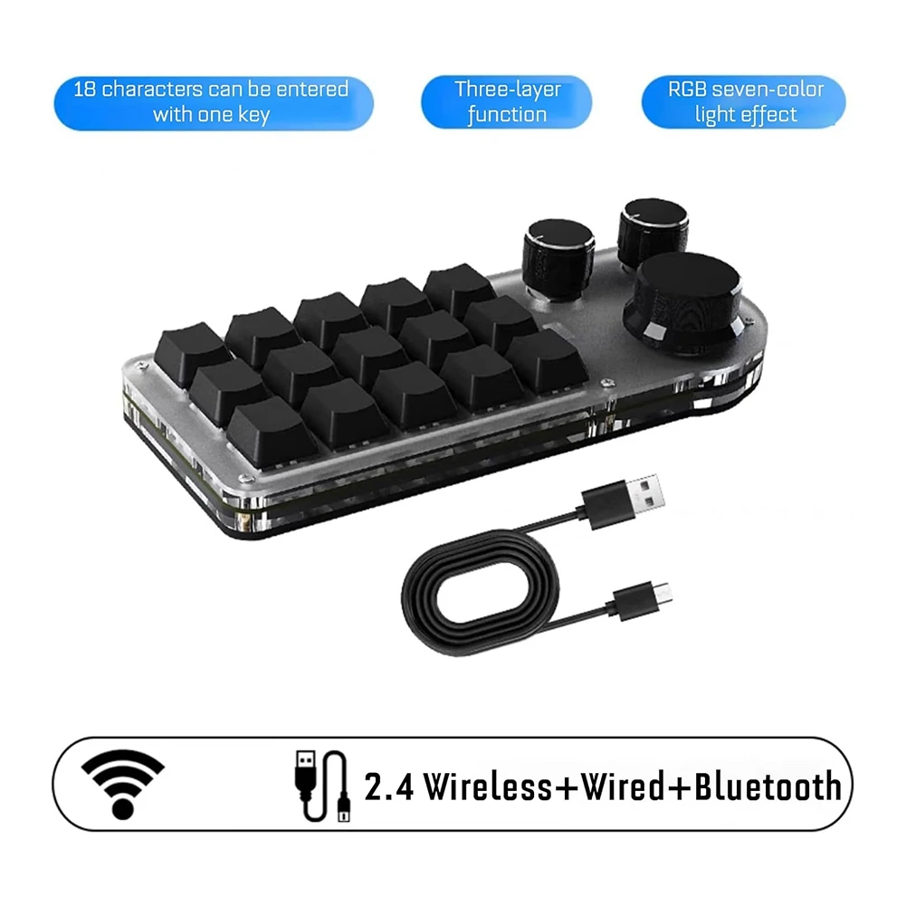 Fits for 15 Keys 3 Knobs Macro Programmable Keyboard, 3 Connection Modes One Handed Macro Mechanical Keyboard