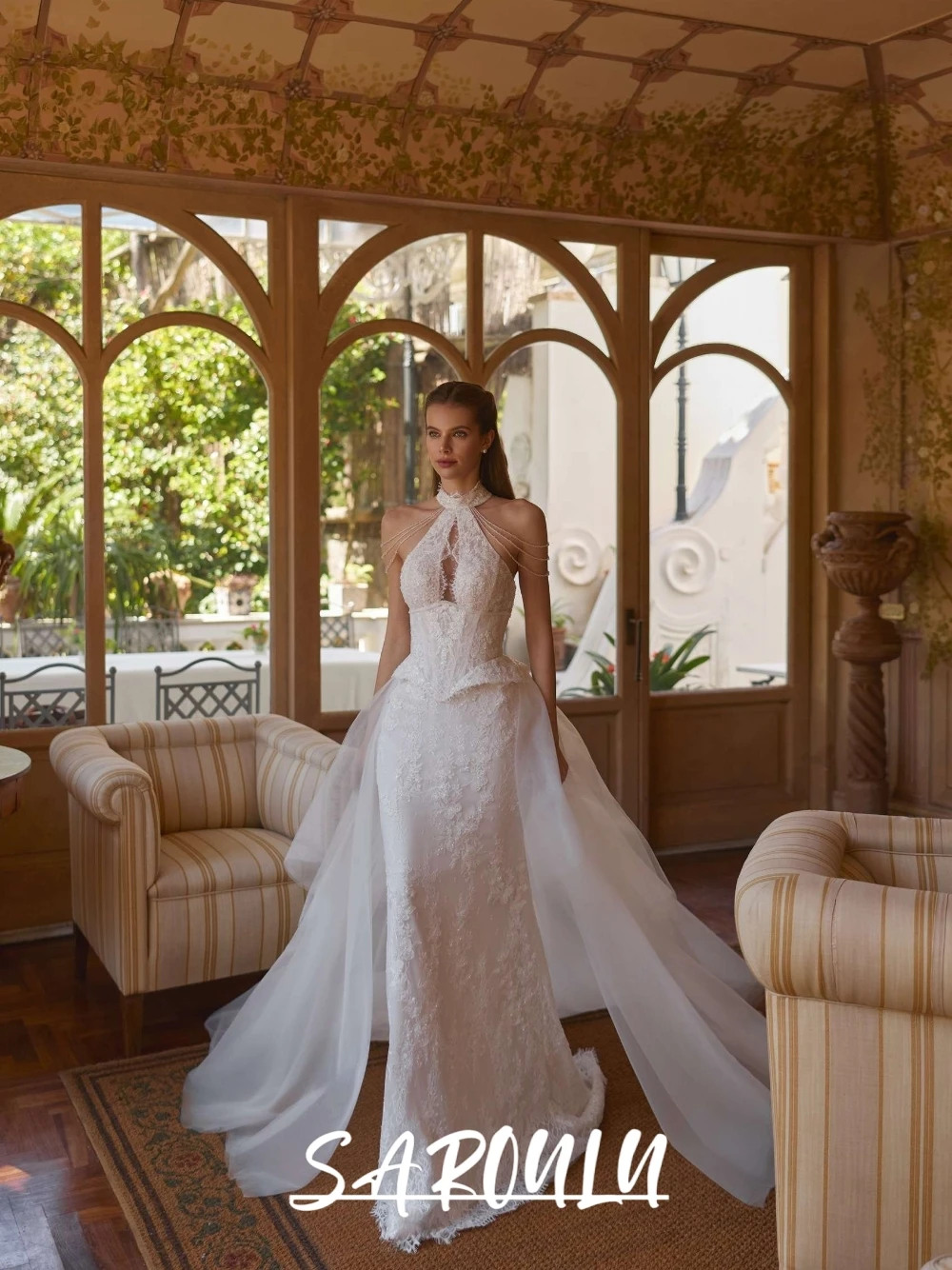 2 in 1 Mermaid Wedding Dress Delicate Halter Neck Beaded Lace Appliques Backless Detachable Train Elegant Bridal Gown Customized