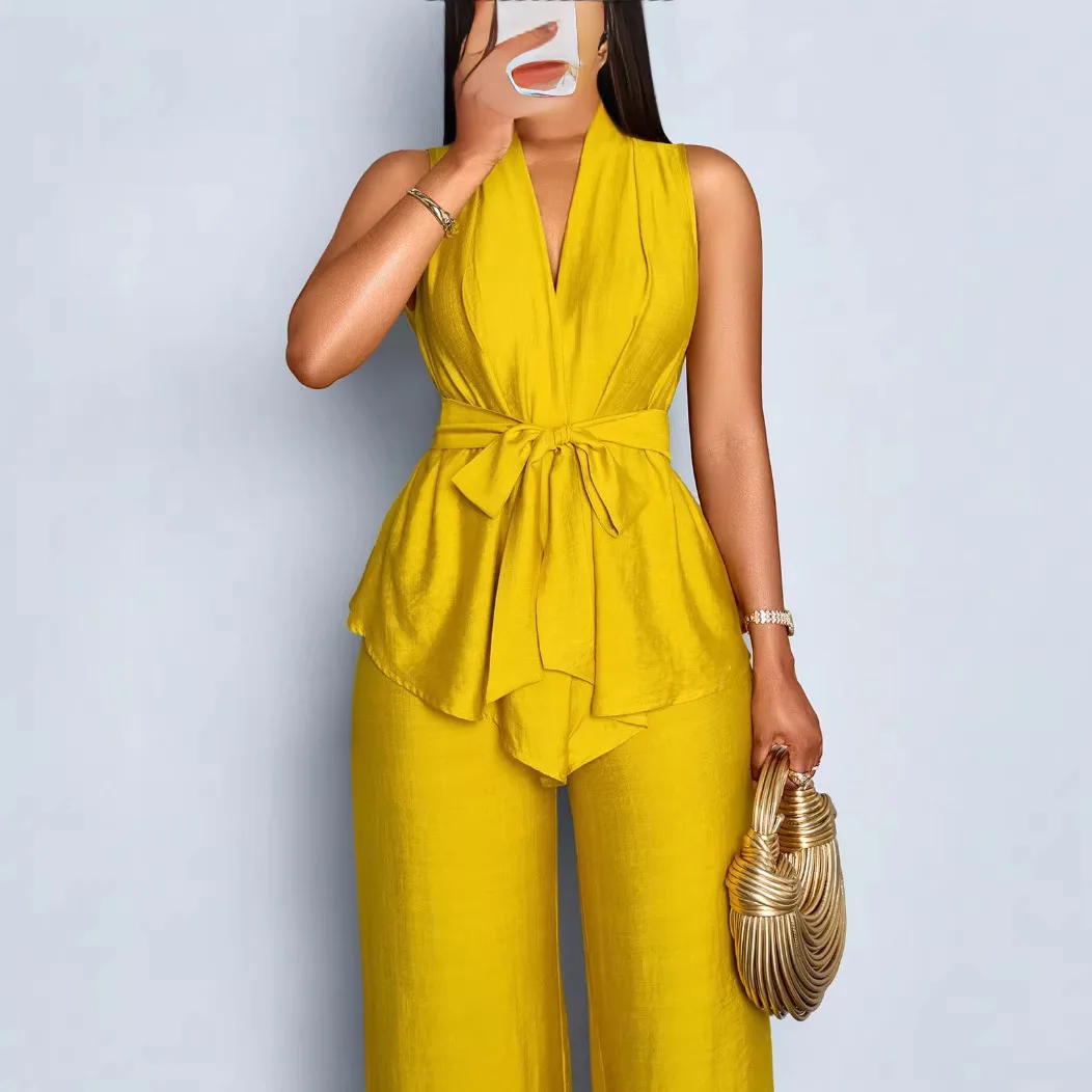 

Fashionable Elegant Pure Color Sleeveless Belted Top And Wide Leg Pants Two Piece Set for Women Comfortable Casual Style