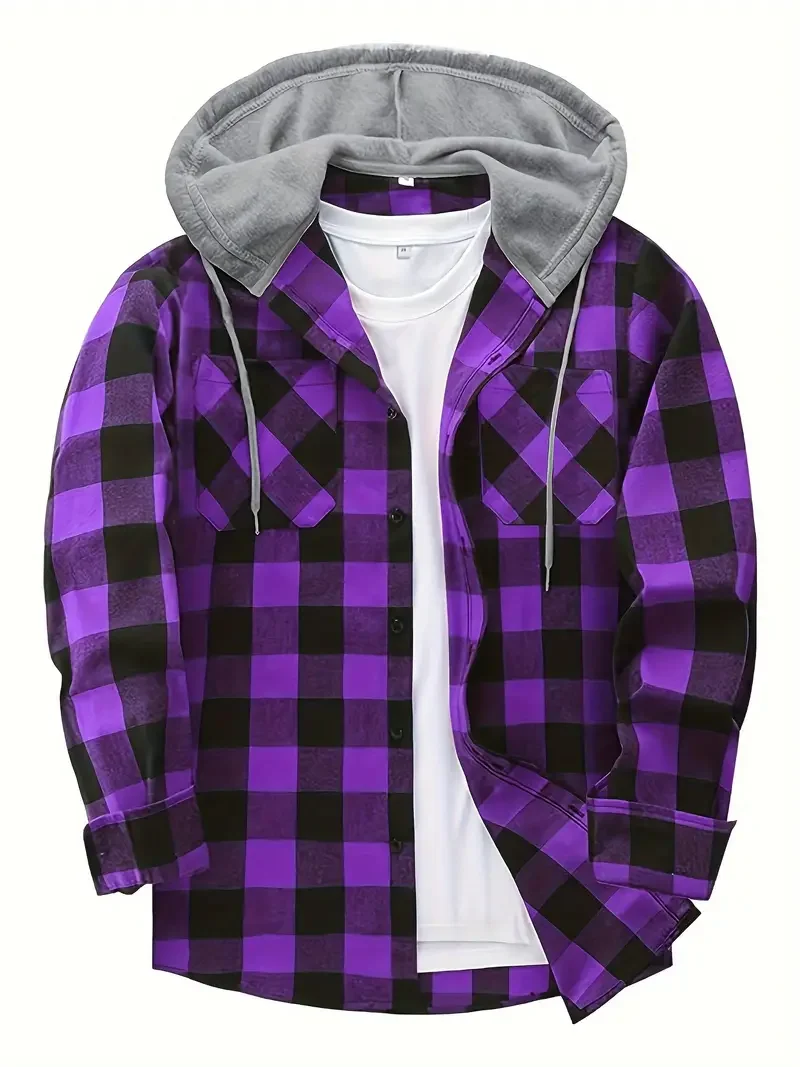 Buffalo Check Hooded Shirt — Black & White Plaid with Grey Hood — Button-Up Jacket Sc3bacccfd6a94a23b1fc9a6a882ad0b3W