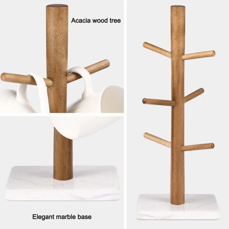 Wood Mug Holder, Marble Base Cup Rack Tree, Stand Hanger, Kitchen Coffee Countertop Tea Cups
