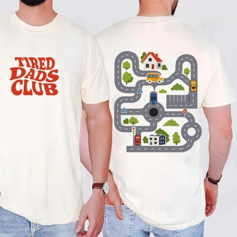 

Father's Day Mens TShirt Tired Dads Club Cute Mat Road on Back Graphic Cotton Casual Daily Wear Dad Gift for Him Funny Daddy Tee