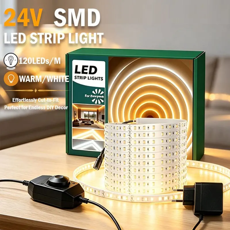24V LED Light Strip with Power Adapter, High Brightness SMD2835 120LEDs/M, Knob Dimmable Flexible LED Tape Lights