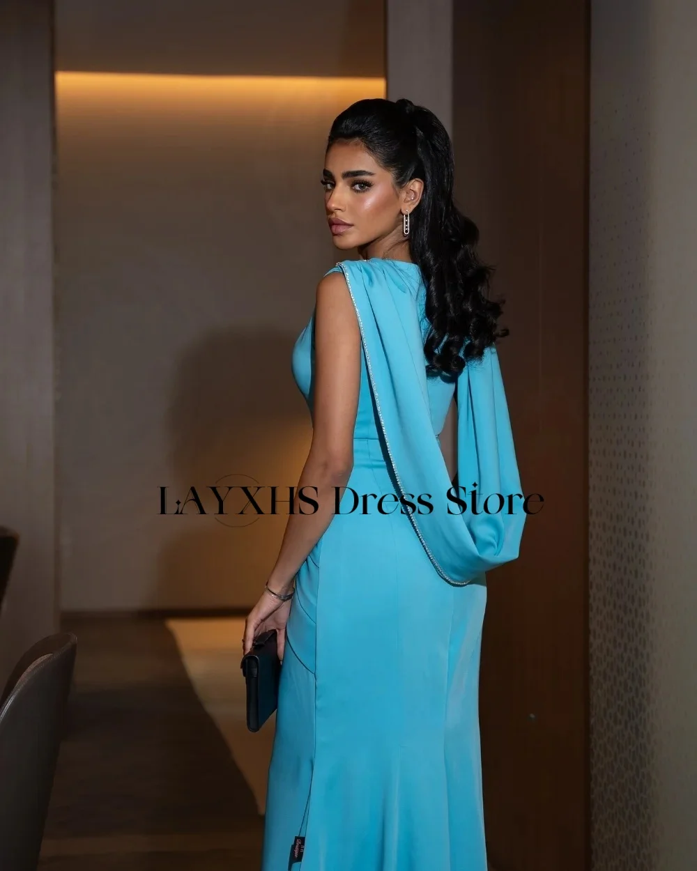 LAYXHS Elegante blaue Meerjungfrau-Abendkleider mit V-Ausschnitt und Falten, bodenlang, Damen-Abschlussballkleider, individuell gestaltet