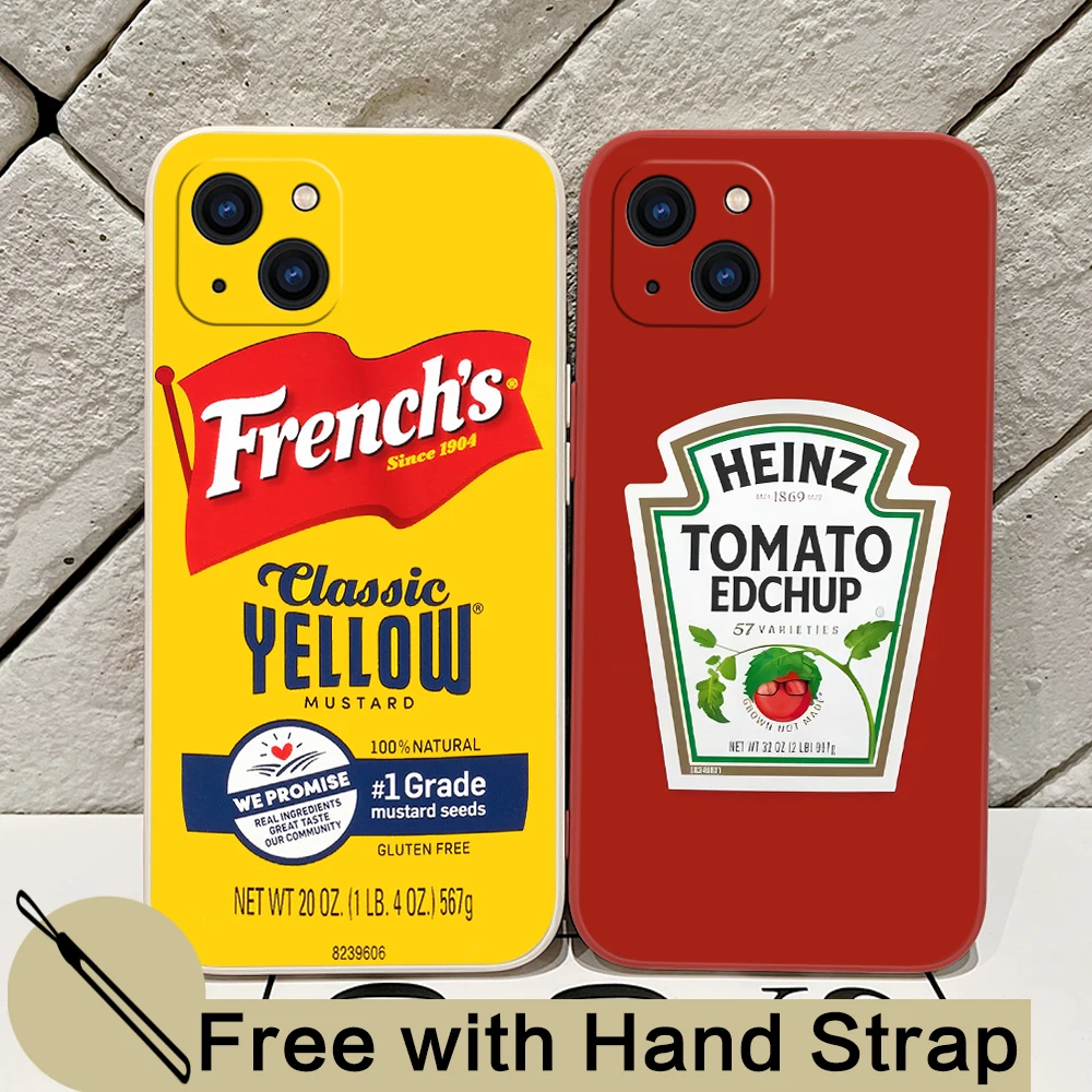 Fashion H-Heinz Tomatos Ketchup mustard Phone Case For iPhone 15 14 13 12 11 Pro Max X XR 8 Plus Silicone Cases with Hand Strap