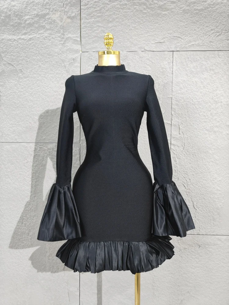 

2025 Spring Elegant Half High Collar Mini Dress - Women's Trumpet Sleeves & High-Waist Ruffles, Chic Club Party Vestidos