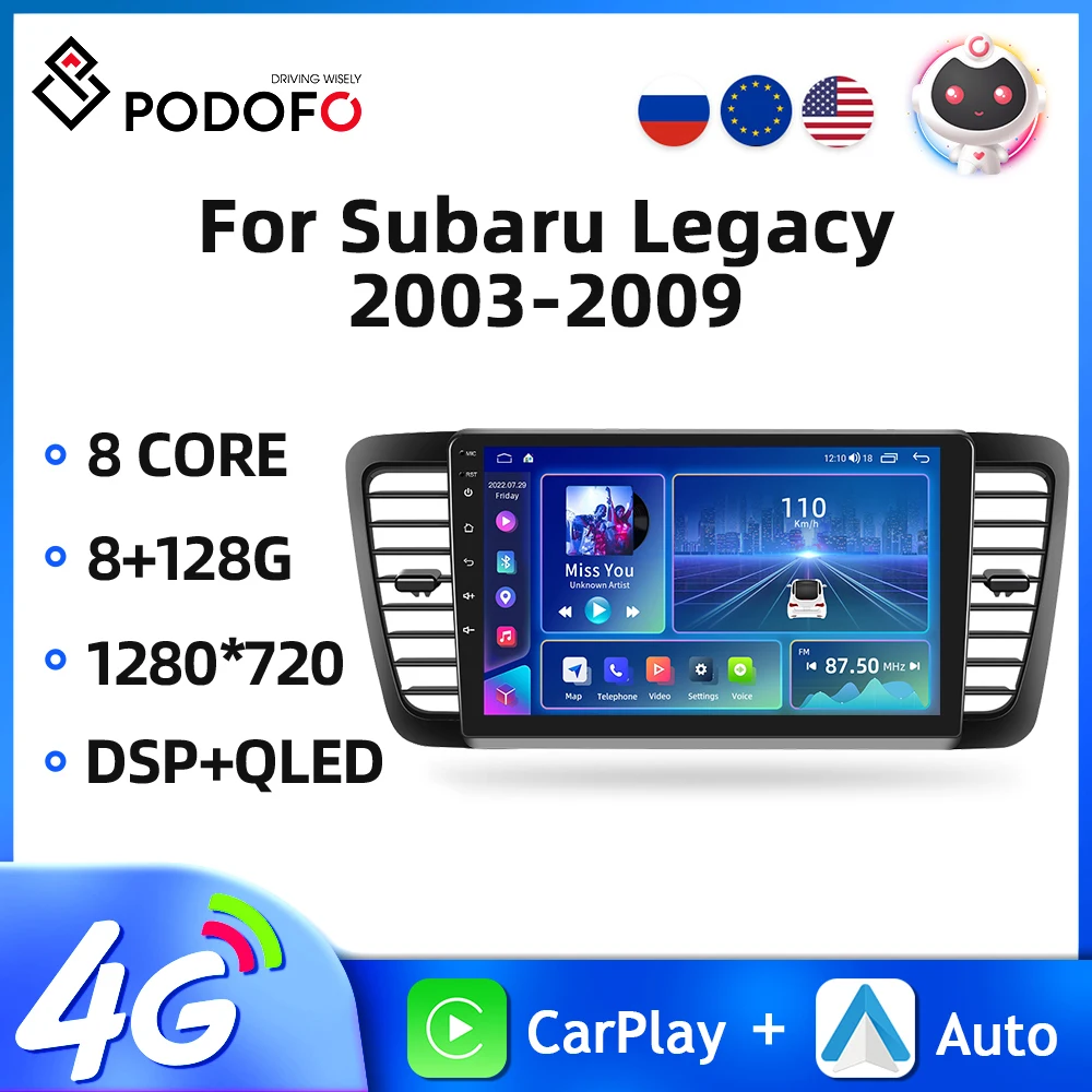 Podofo Android 9'' Car Radio For Subaru Legacy 2003-2009 Multimedia Player WIFI GPS Navigation AI Voice 4G Carplay Car Stereo