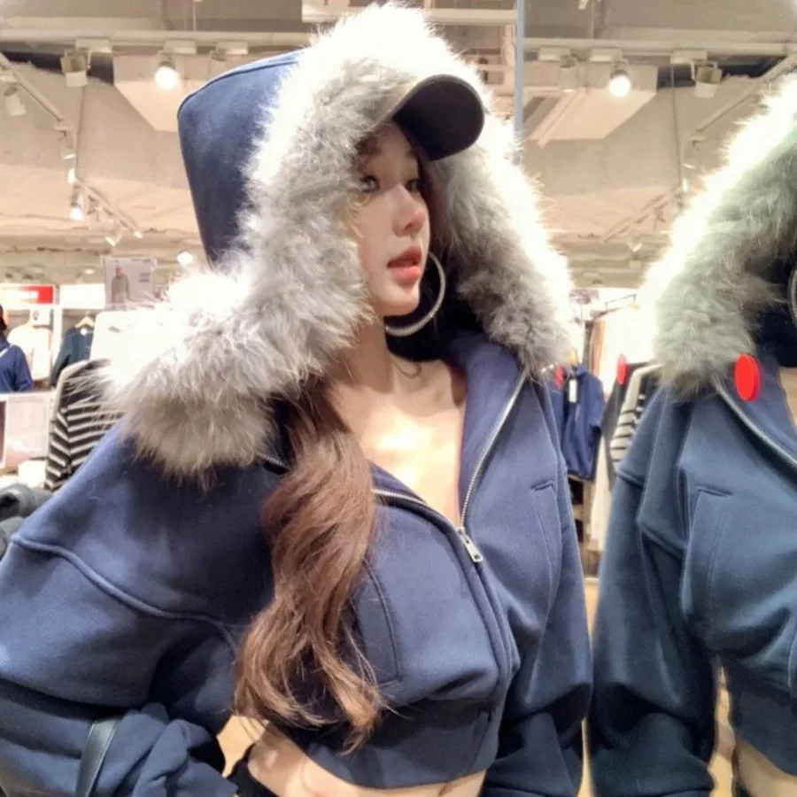Y2k Cropped Jacket Vintage Fur Collar Short Sweatshirt Zip Hoodies Autumn Winter New Design Cardigan Coat Grunge Kawaii Clothes